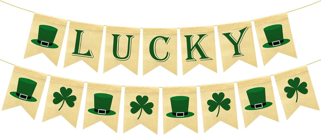 KatchOn, Lucky Shamrock Burlap Garland Banners - 10 Feet | St.Patrick's Day Decorations, Rustic Burlap Shamrock Clover Banner Garland for Irish Day, Home, Office, Party Supplies Décor
