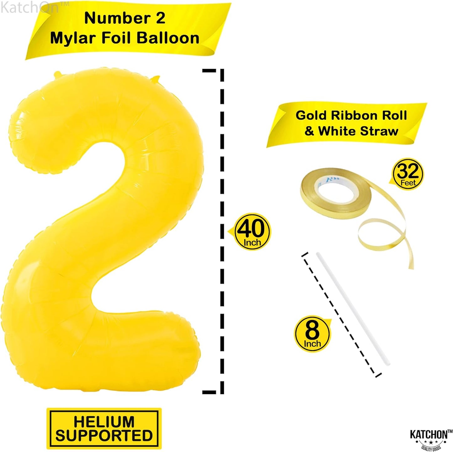 KatchOn, Giant Yellow 2 Balloon Number - 40 Inch | Two Birthday Balloon for 2nd Birthday Decorations | 2 Year Old Balloon, Party Decorations | Number 2 Balloon Yellow for 2nd Bee Day Party Decorations