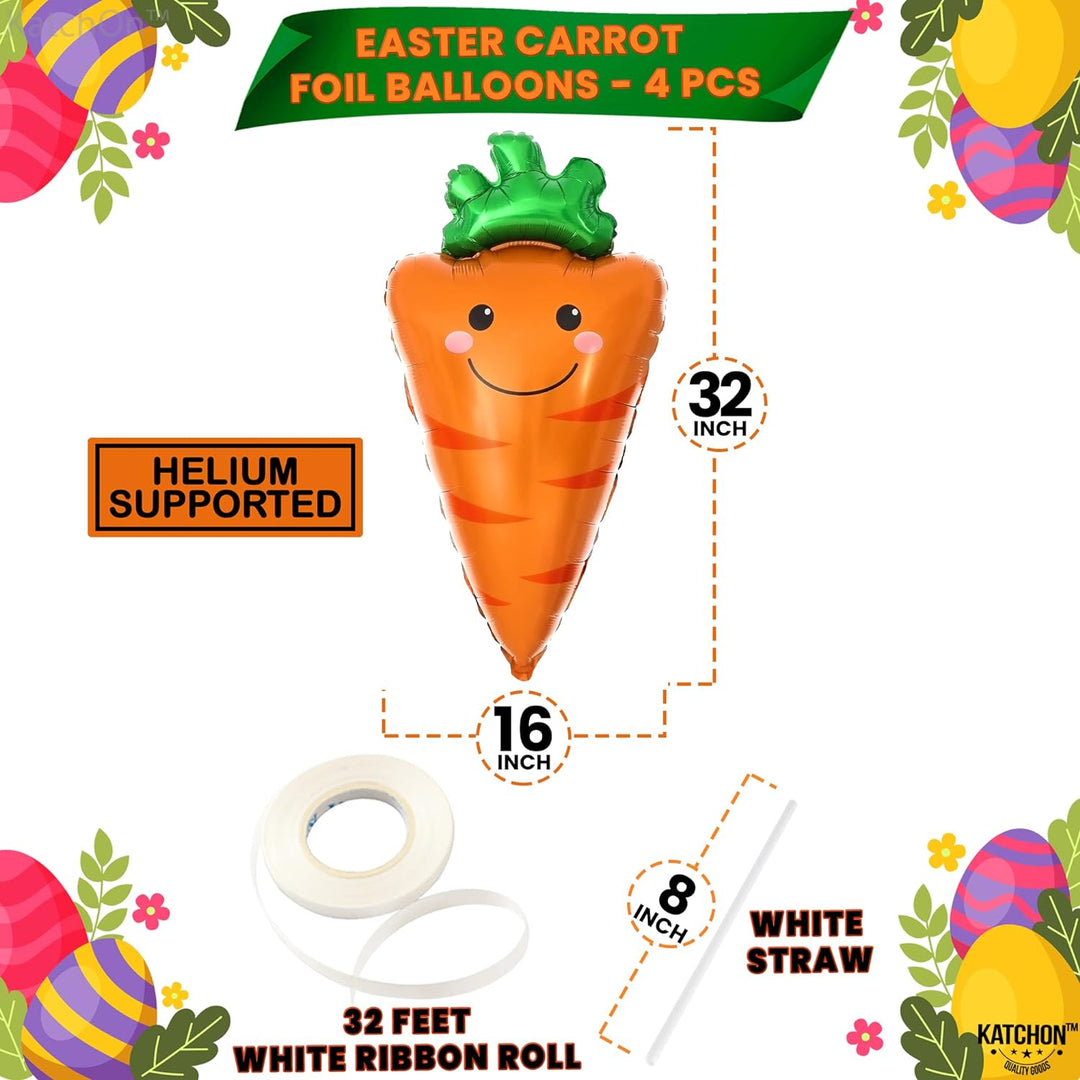 KatchOn, 32 Inch Jumbo Carrot Balloons - Pack of 4 | 4D Carrot Foil Balloon for Easter Party Decorations, Carrot Decorations | Easter Balloons for Carrot Easter Decorations | Easter Foil Balloons