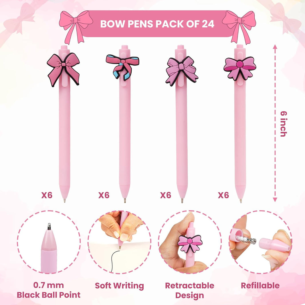 KatchOn, 24Pcs Bow Pens Coquette Pink Retractable Writing Pen Bulk Birthday Bow Party Favor for Baby Shower Bridal Shower Spring Wedding Tea Party Office School Back To School Supplies