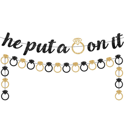 KatchOn, He Put a Ring On It Banner - 10 Feet, No DIY | Black and Gold Engagement Party Decorations | He Put A Ring On It Sign for Bachelorette Party Decorations, Bridal Shower Decorations