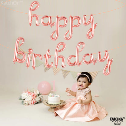 KatchOn, Rose Gold Happy Birthday Balloon Banner - 16 Inch | Foil Balloon for Birthday Decorations | Happy Birthday Sign Banner for Rose Birthday Decorations | Bday Decoration For Women, Girls