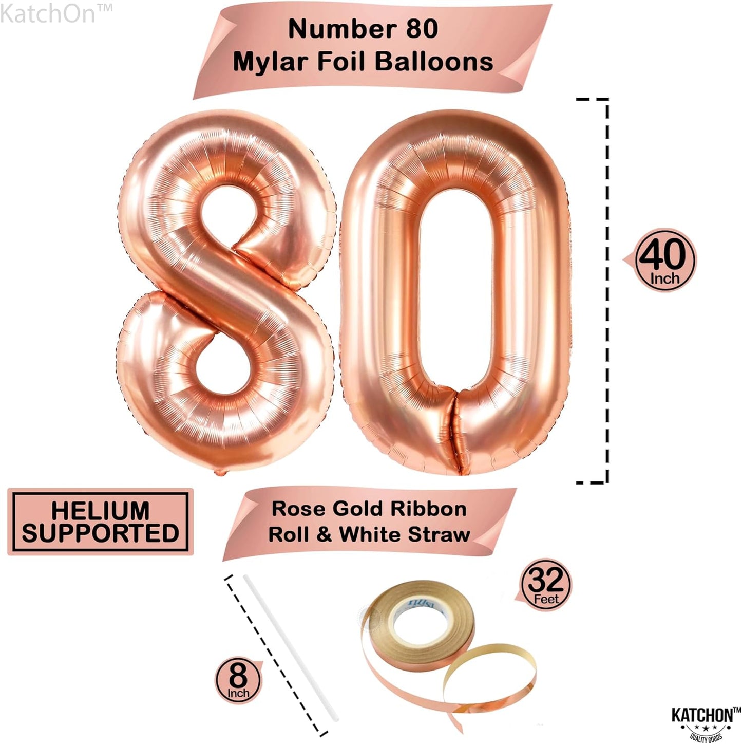 KatchOn, 80th Birthday Decorations for Women - 40 Inch | Rose Gold 80 Balloon Numbers | Rose Gold 80th Birthday Balloons with Confetti | 80 Balloons Rose Gold for 80 Birthday Decorations for Women