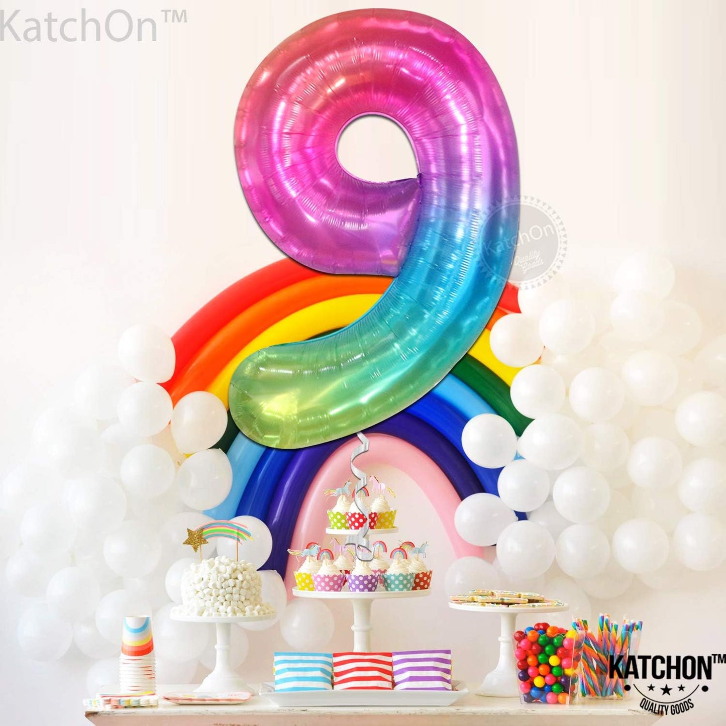 KatchOn, Rainbow Number 9 Balloon - 40 Inch | Tie Dye 9 Balloon Number | 9th Birthday Decorations for Girls | 9th Birthday Balloons | Rainbow Party Decorations | Sleepover Party Supplies for Girls