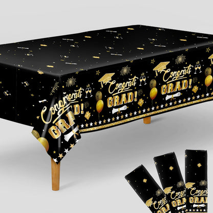 KatchOn, Black and Gold Graduation Decoration 2026 - XtraLarge 54x108 Inch, Pack of 3 | Congrats Grad Tablecloth for 2026 Graduation Decorations | Graduations Table Decorations, Grad Party Supplies