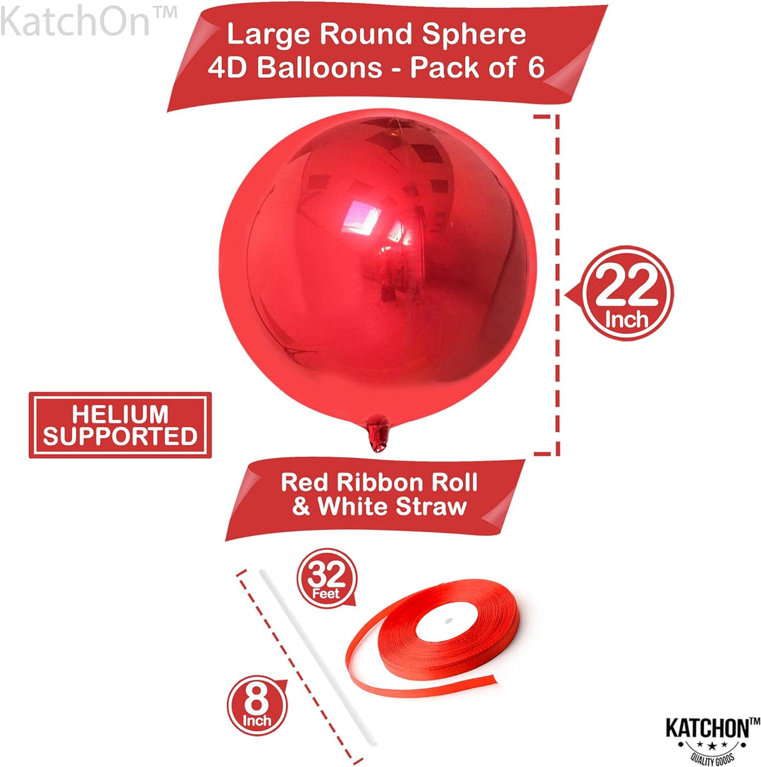 KatchOn, Big Metallic Red Balloons - 22 Inch, Pack of 6 | 360 Degree 4D Sphere Red Metallic Balloons for Red Party Decorations | Red Chrome Balloons, Red Foil Balloons for Red Birthday Decorations