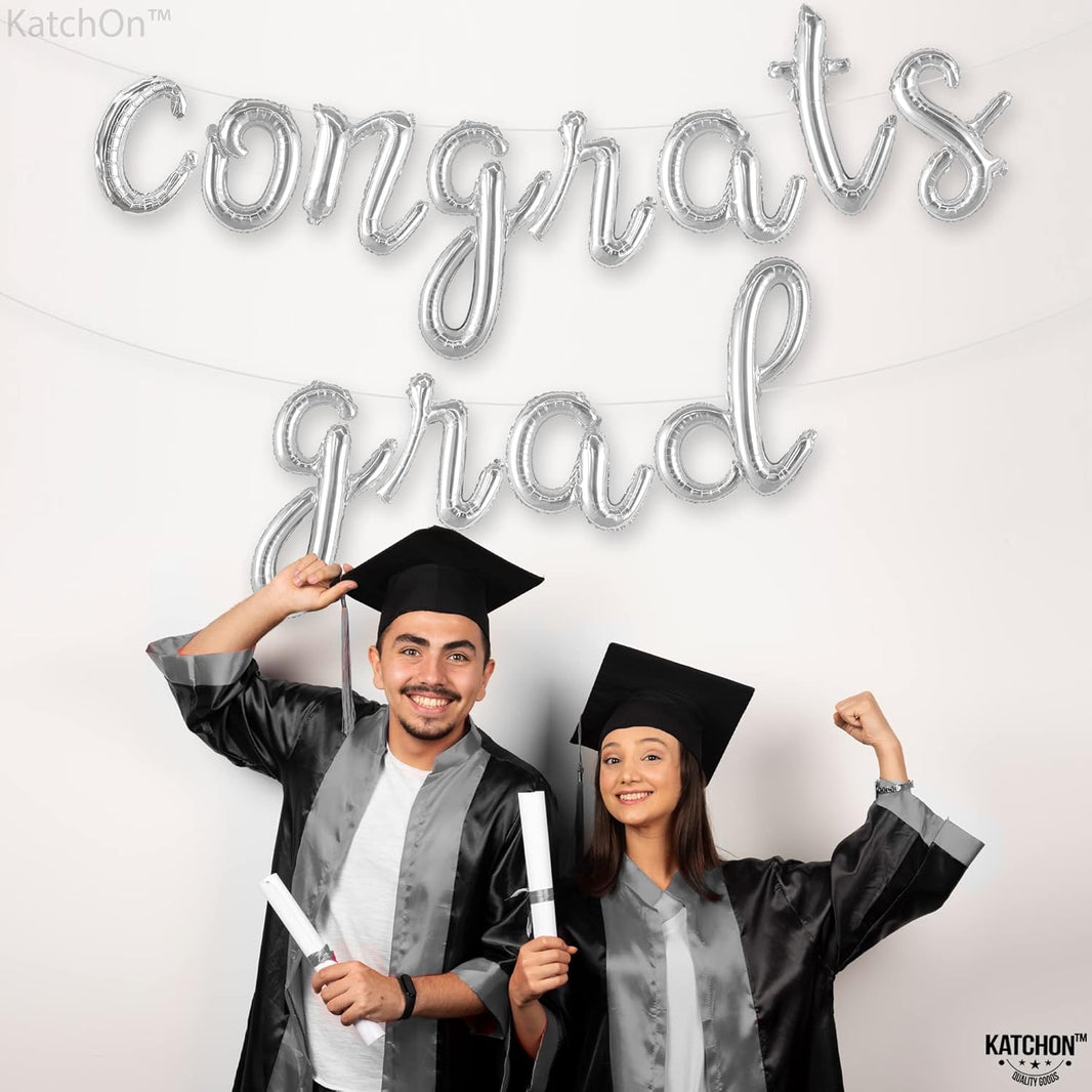 Graduation Decorations 2026 | Silver Congrats Grad Balloons Banner - Script, 16 Inch | Congrats Grad Balloon | Graduation Balloons for Congrats Grad Decorations, KatchOn
