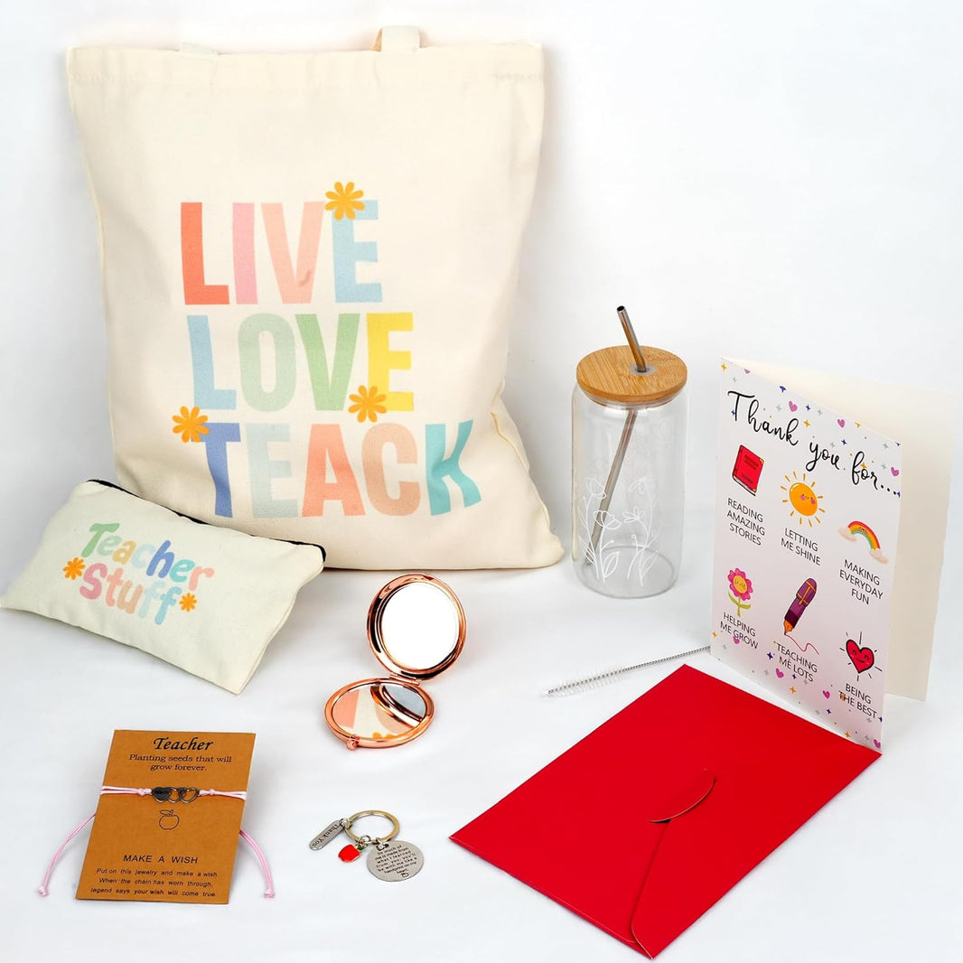 KatchOn Teacher Appreciation Gifts for Women - Unique Teacher Birthday and Back to School Thank You Gifts with Tumbler, Tote Bag, Pouch, Keychain, Bracelet, Compact Mirror, and Thank-You Card