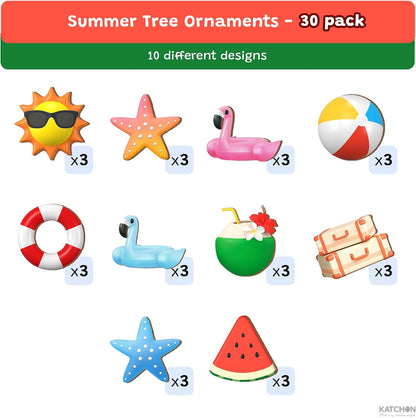 Katchon 30 Pcs Summer Themed Tree Ornaments, Summer Wooden Hangings | Christmas in July, Hawaiian Theme Pool Flamingo Party Decorations, Beach Tree Decorations Summer Party Decor
