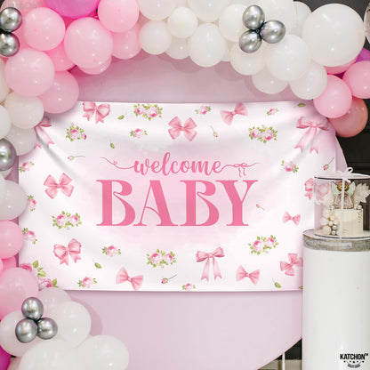 KatchOn, XtraLarge Welcome Baby Backdrop - 72x44 Inch Pink | Welcome Home Baby Girl Banner for Baby Shower & Gender Reveal Decorations