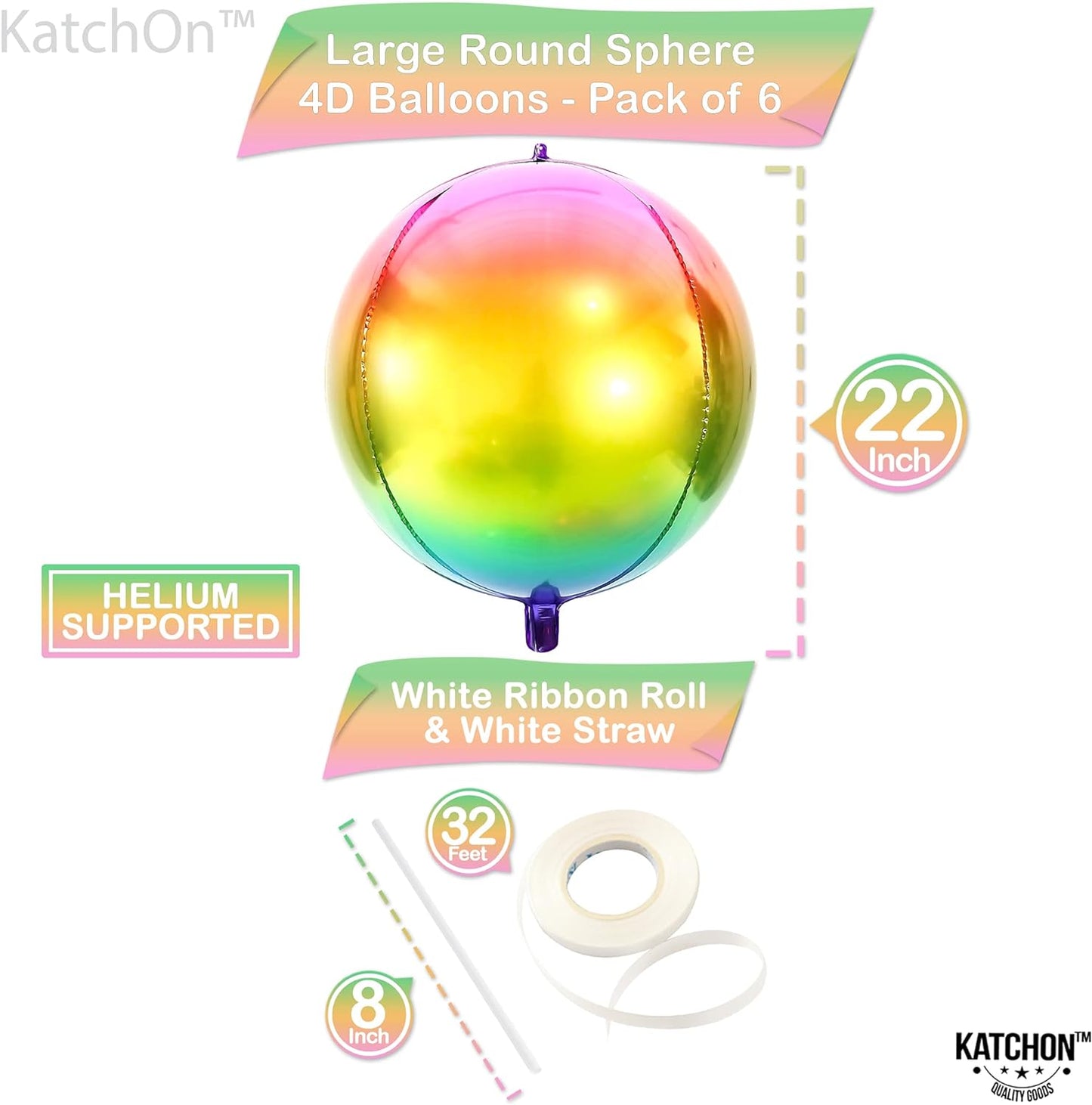 KatchOn, Colorful Rainbow Foil Balloon - 22 Inch, Pack of 6 | 4D Gradient Rainbow Balloons | Tie Dye Balloons for Birthday Party | Summer Balloons | Rainbow Mylar Balloons, Rainbow Birthday Balloons