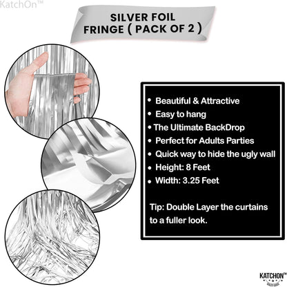 KatchOn, XtraLarge Silver Foil Fringe Curtain - 3.2x8 ft Pack of 2, Streamers Backdrop for Graduation Decorations 2026, Silver Fringe Backdrop for Birthday Decor, Bachelorette party decorations