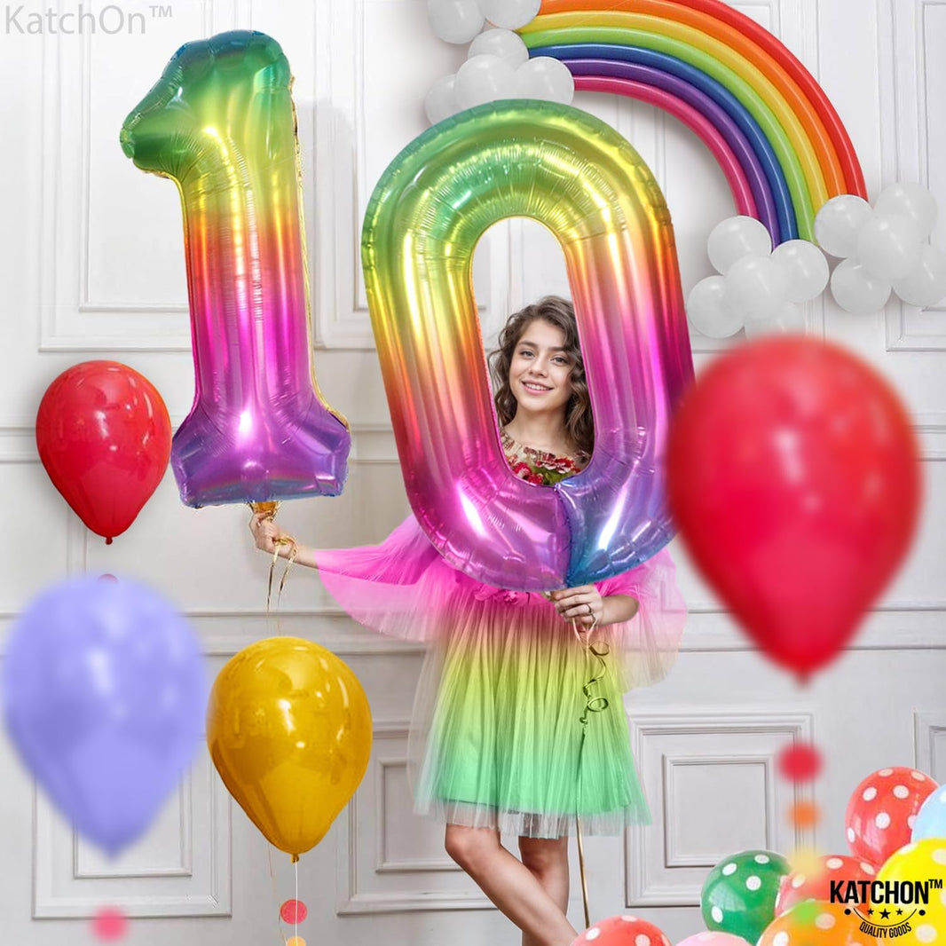 KatchOn, Giant Rainbow 10 Balloon Number - 40 Inch | 10th Birthday Decorations | Rainbow 10th Birthday Balloons for 10 Birthday Party Decorations | Number 10 Balloon for Happy Anniversary Decorations
