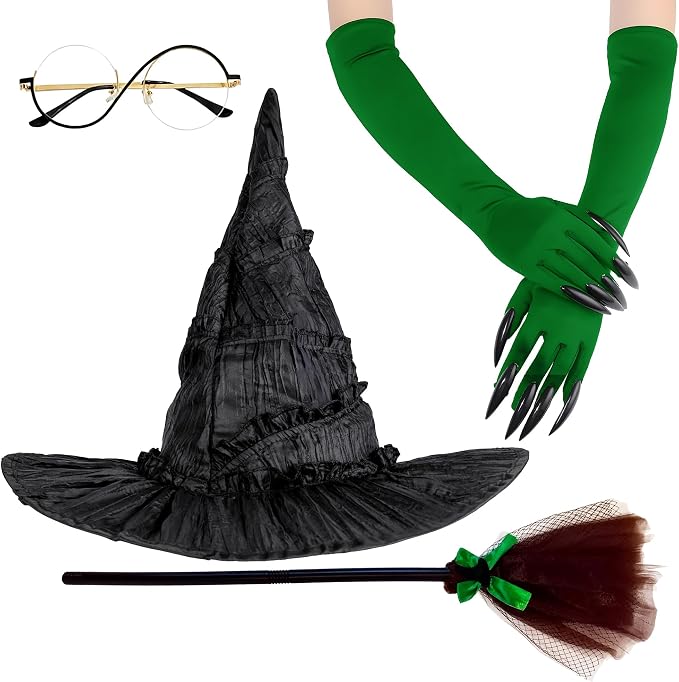 KatchOn, Halloween Witch Costume Set - Pack Of 4 | Black Witch Hat, Round Eyeglass with Case, Green Claw Gloves & Broomstick | green witch accessories for women | Halloween Hat & Accessories