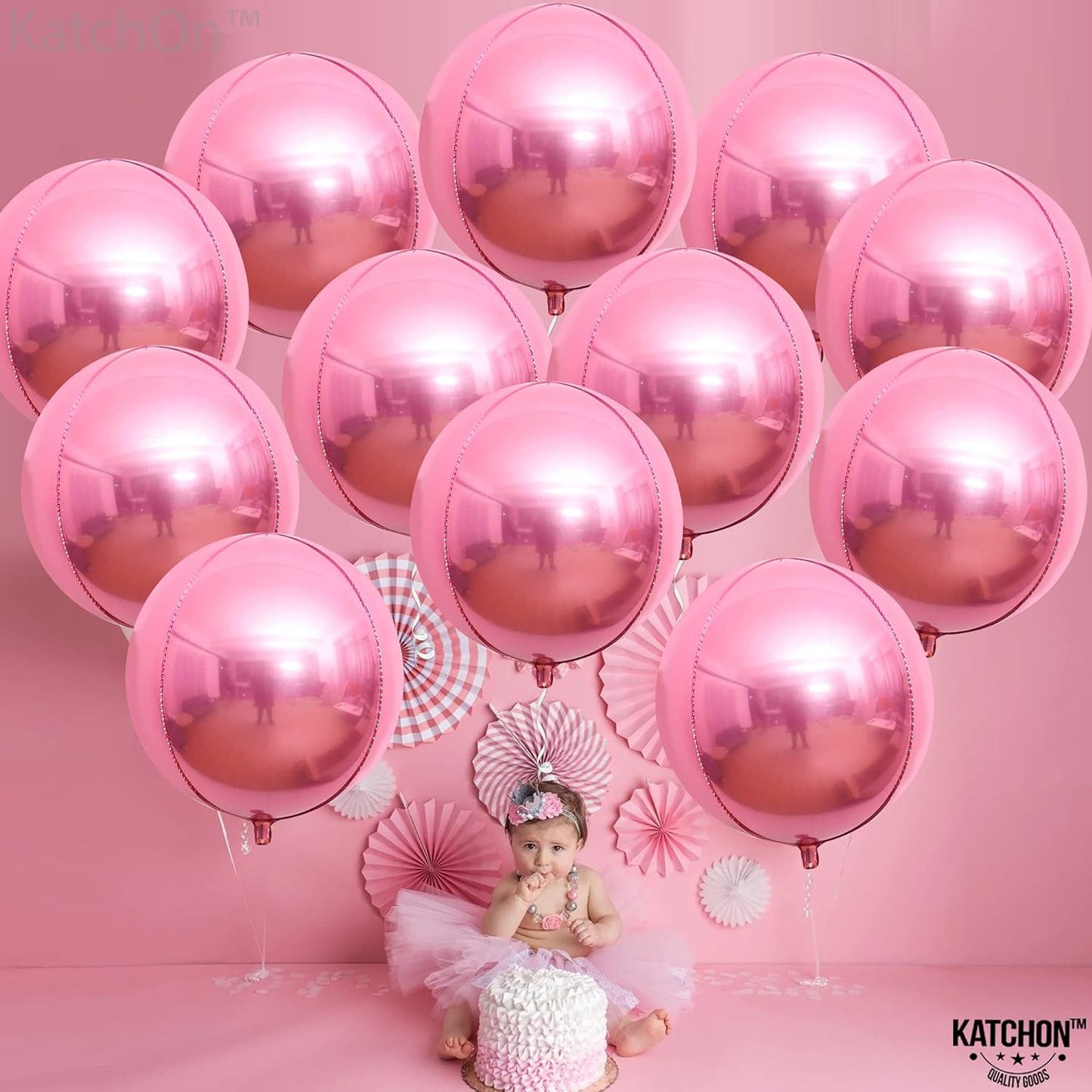 KatchOn, Light Pink Foil Balloons - 22 Inch, Pack of 12 | Pink Mylar Balloons for Pink Party Decorations | Pink Sphere Balloons, Pink Metallic Balloons for Pink Birthday Decorations | Pink Balloons