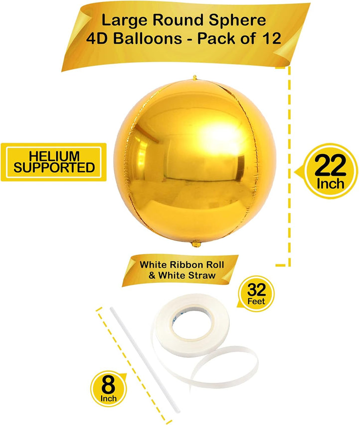 KatchOn, Big Gold Foil Balloons - 22 Inch, Pack of 12 | Gold 4D Balloons, Gold Mylar Balloons | Metallic Gold Balloons, Gold Round Balloons | Round 4D Gold Sphere Balloons for Gold Party Decorations