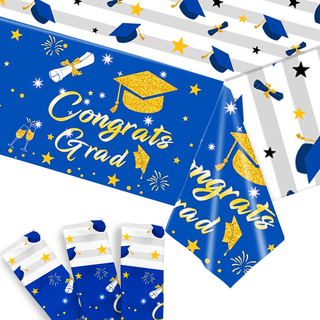 KatchOn Graduation Decorations 2026 | Blue and White Graduation Tablecloth - Pack of 3, XtraLarge 108x54 Inch | Congrats Grad Tablecloth for Graduation | 2026 Graduation Table Decorations