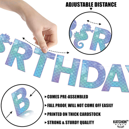 KatchOn, Blue Happy Birthday Banner - 10 Feet, No DIY | Happy Birthday Sign,mermaid party decorations | Mermaid Birthday Banner for Under The Sea Party Decorations | Mermaid Birthday Decorations