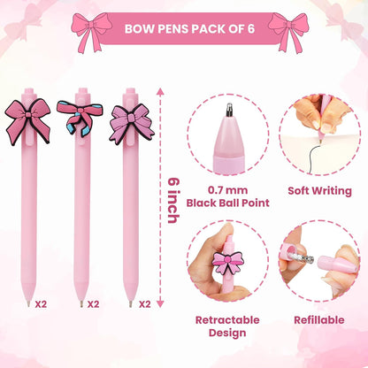 KatchOn 6Pcs Bow Pens Coquette Pink Retractable Writing Pen Bulk Birthday