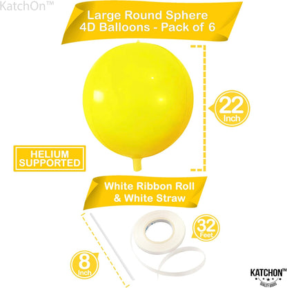 KatchOn, Huge Yellow Mylar Balloons - 22 Inch, Pack of 6 | Yellow Foil Balloons, Yellow Party Decorations | Large Yellow Balloons for Sunflower Birthday Party Decorations | Yellow Round Mylar Balloons