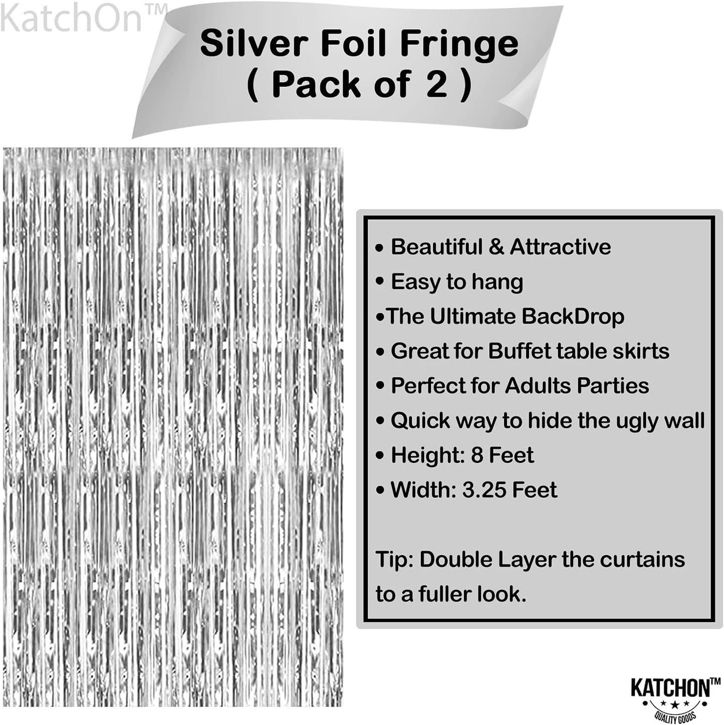 KatchOn, XtraLarge 6.4x8 Feet Silver Backdrop - Pack of 2, Silver Fringe Backdrop for Silver Party Decorations | Disco Party Decorations | Silver Streamers for Graduation Decorations Class of 2024