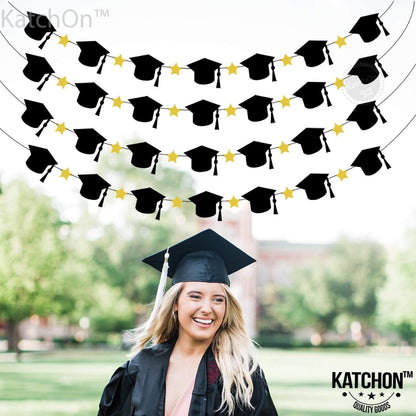 Graduation Decorations 2026, Felt Graduation Cap Garland - 4 String | Graduation Garland, Cap Decorations | Black, Gold class of 2026 Decorations | 2026 Graduation Decorations - KatchOn
