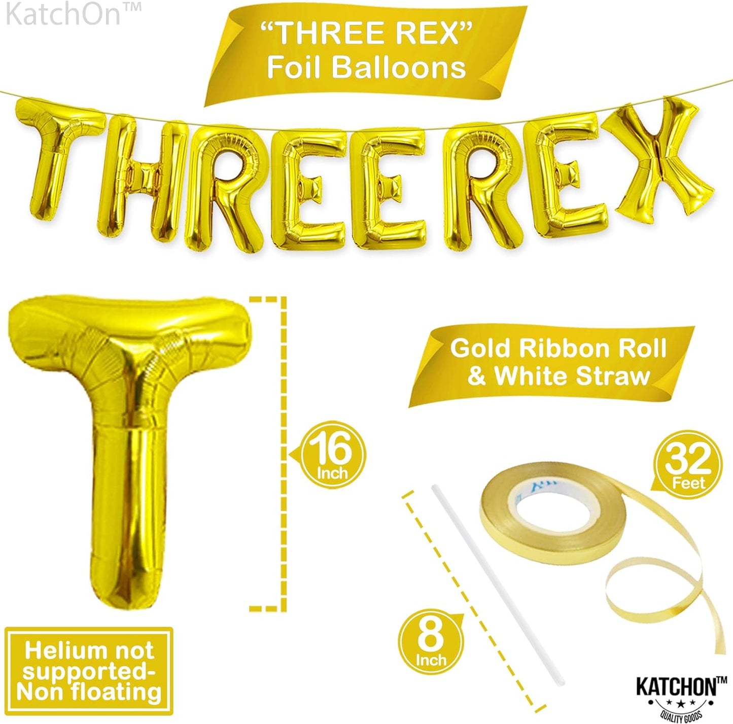 KatchOn, Gold Three Rex Balloons - 16 Inch | Gold Three Rex Birthday Party Decorations | Dinosaur Balloon, 3 Rex Birthday Decorations | Dinosaur Birthday Party Supplies | Dinosaur Party Decorations