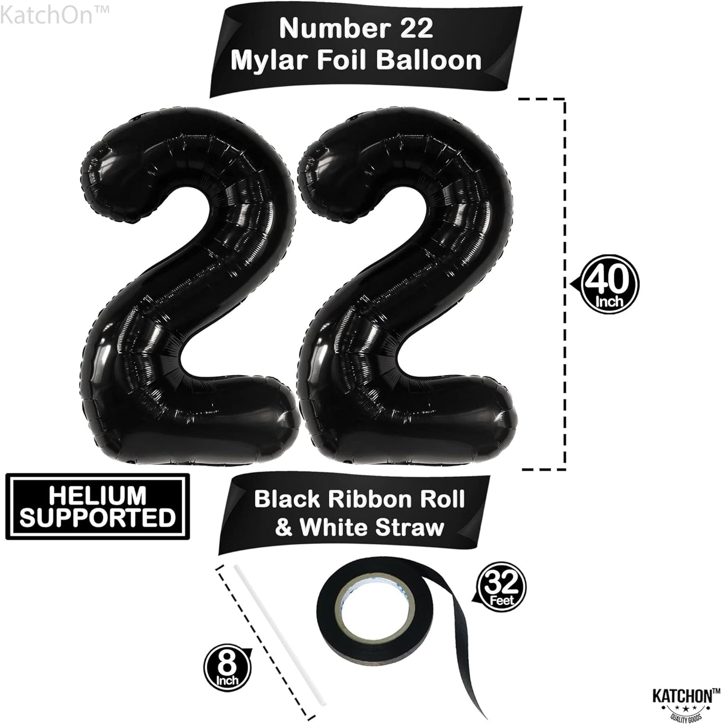 KatchOn, 22 Balloon Number Black - 40 Inch, 22 Number Balloons | Black 22 Balloons for 22 Birthday Decorations for Men | Number 22 Balloons | 22 Black Balloons for 22 Birthday Decorations for Women