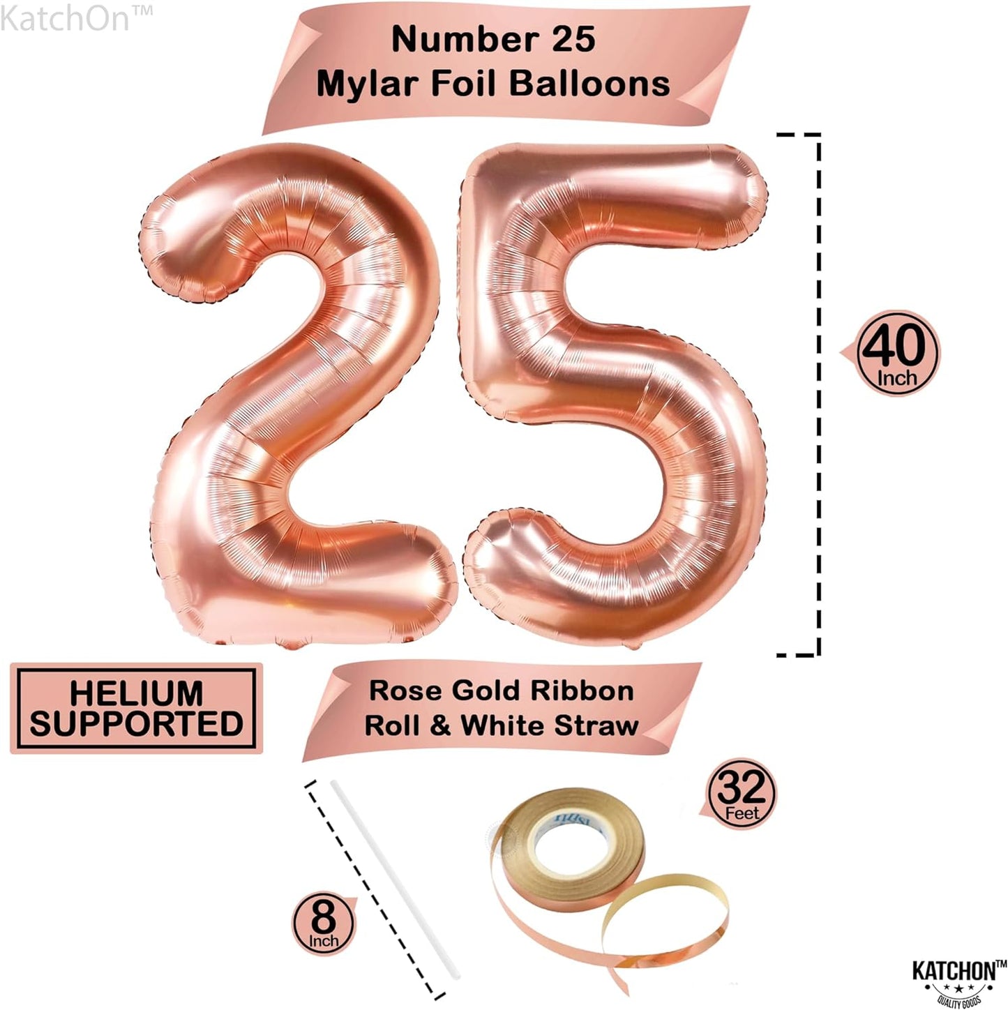 KatchOn, Rose Gold 25 Balloon Numbers - 40 Inch | 25th Birthday Decorations for Women | 25th Birthday Balloons Rose Gold for Party | 25th Birthday Balloons | Rose Gold 25th Anniversary Decorations