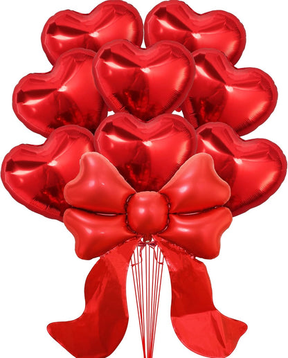 KatchOn Red Heart & Bow Foil Balloons Set, Pack of 9 | Valentines Day Decorations Party | Heart Shaped Balloons Red Bow Balloons | Valentine Decorations | Valentines Day Balloons