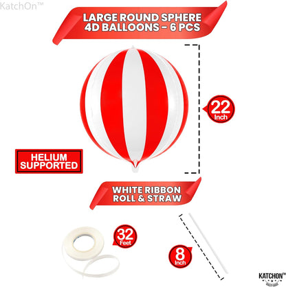 KatchOn, Carnival Balloons for Carnival Decorations - 22 Inch, Pack of 6 | Red and White Striped Balloons, 4D Striped Circus Balloons | Carnival Theme Party Decorations, Circus Theme Party Decorations