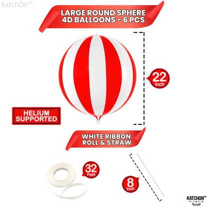KatchOn, Huge Red and White Carnival Balloons - 22 Inches, Pack of 6 | Red and White Striped Balloon for Carnival Decoration | Circus Balloons For Birthday, Retro, 70s, Circus Theme Party Decorations