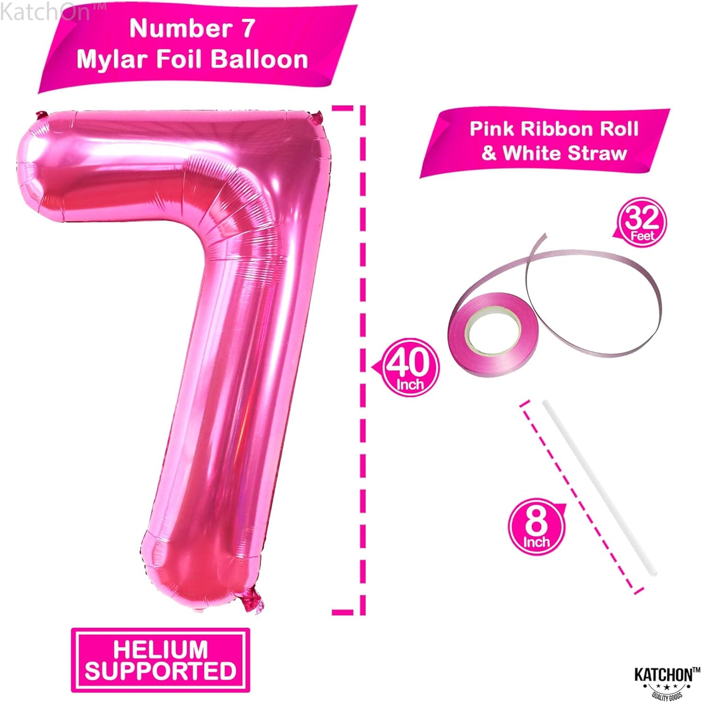 KatchOn, Hot Pink Number 7 Balloon - 40 Inch | Hot Pink 7 Balloon Number for Birthday | 7th Birthday Decorations for Girls | Pink 7 Balloon | 7 Balloons for Birthday Girl | Hot Pink Party Decorations