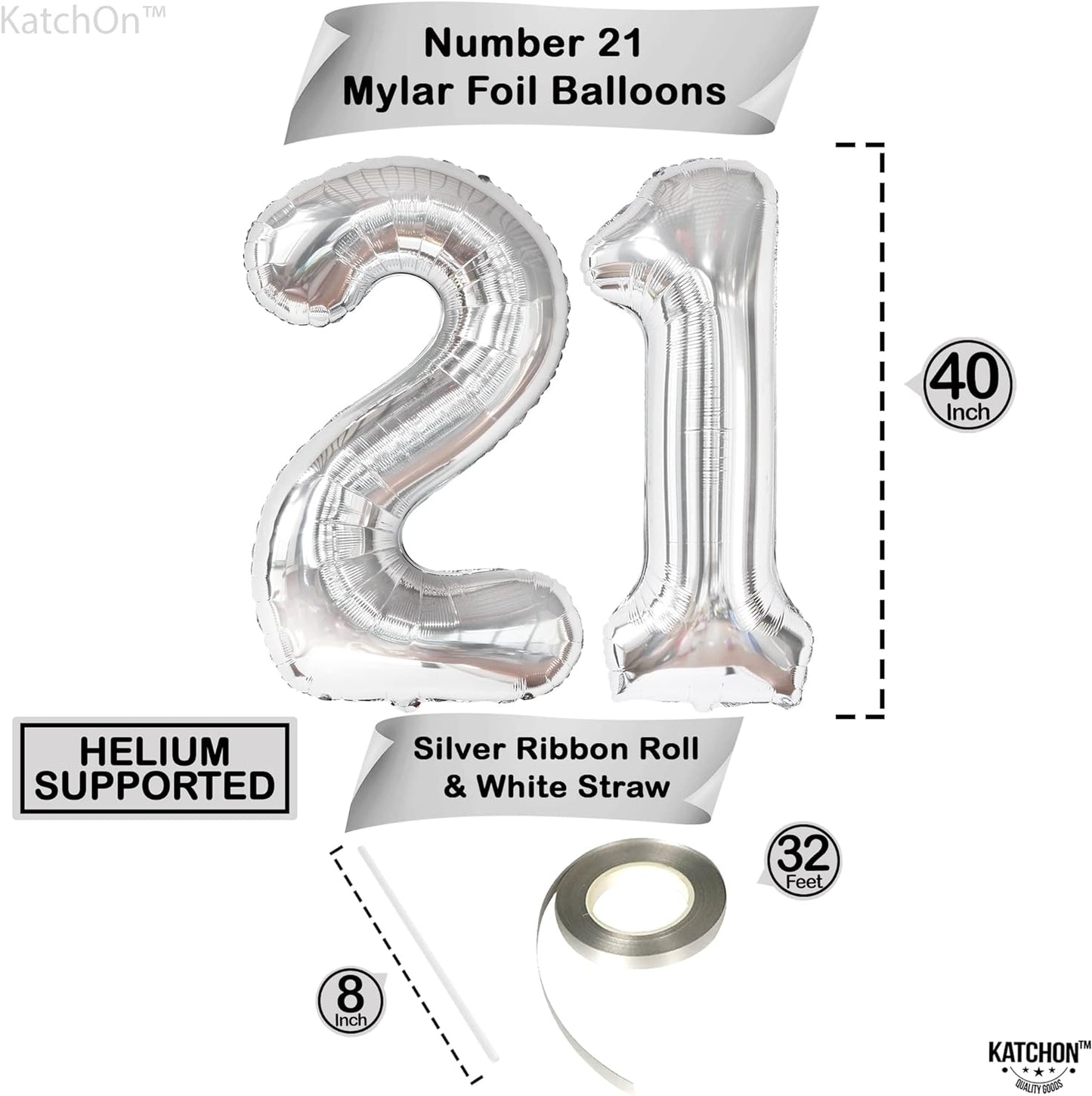 KatchOn, Silver 21 Balloon Number - 40 Inch | Silver 21 Balloon, 21st Birthday Decorations Silver | 21 Birthday Balloons for 21st Birthday Decorations for Her | Silver 21st Birthday Decorations