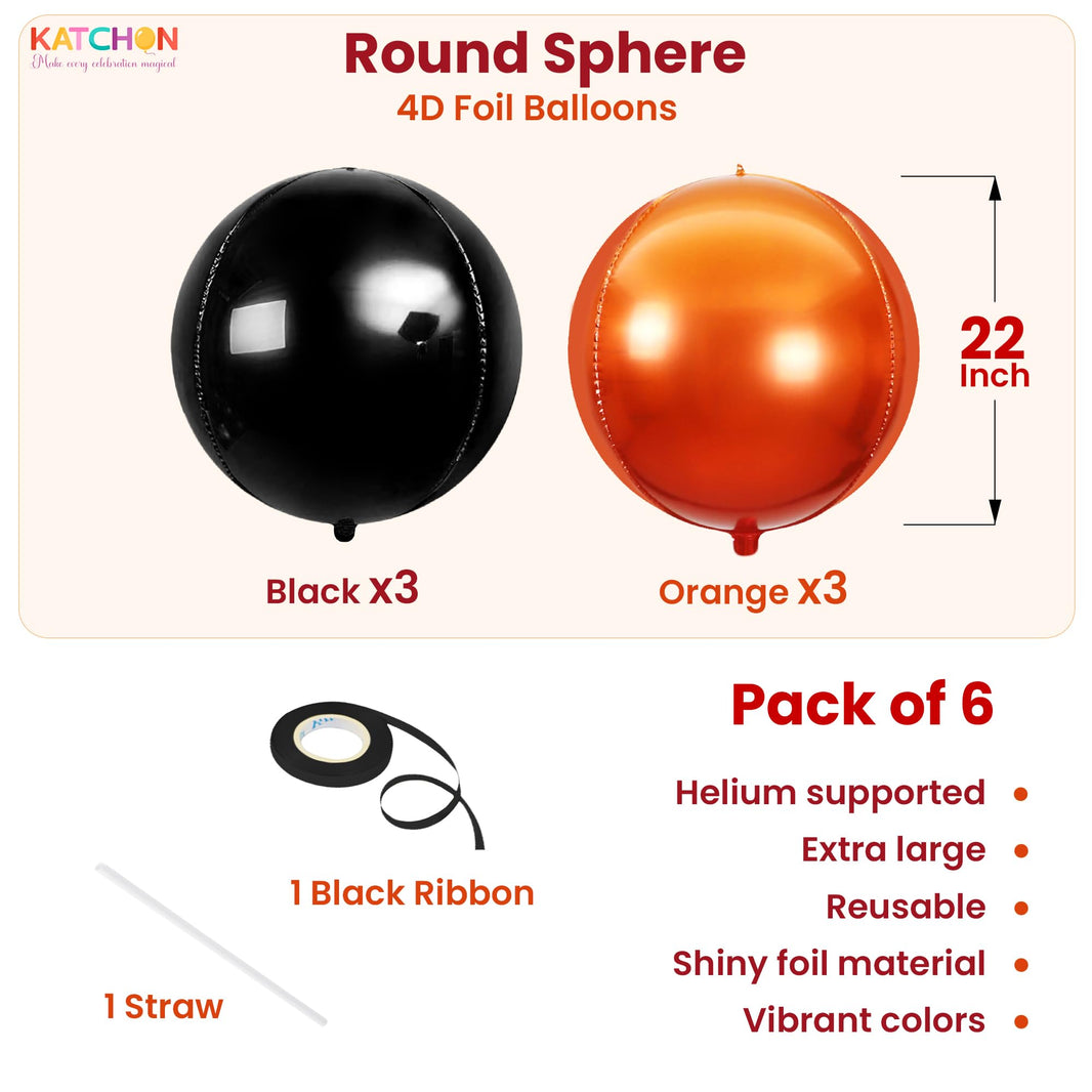 Katchon, Huge, Metallic Orange and Black 4D Foil Balloons - 22 Inch, pack of 6 | Halloween Decorations Indoor with Halloween Balloons | Fall Decorations For Home, Thanksgiving decorations Indoor