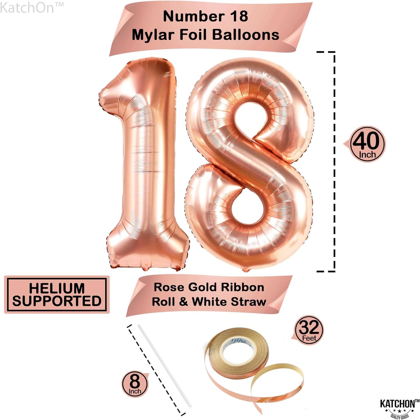 KatchOn, Rose Gold 18 Balloon Numbers - 40 Inch | 18th Birthday Balloons with Confetti Balloons | Rose Gold 18th Birthday Decorations for Girls | 18th Balloon Numbers, Happy 18th Birthday Decorations