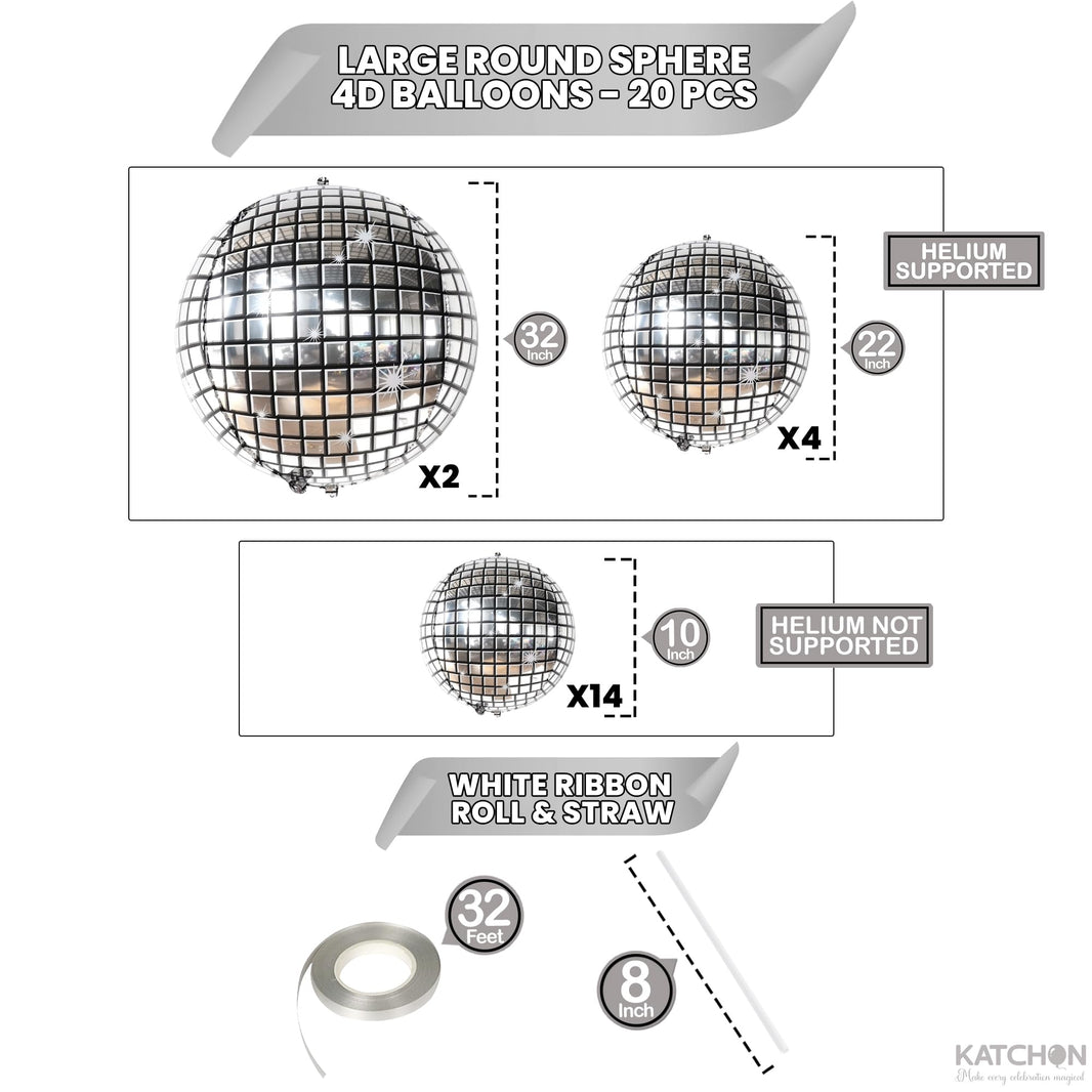 KatchOn, Silver Disco Ball Balloons - 32 Inch, Pack of 20 | Shiny Disco Ball for Disco Party Decorations | 4D Sphere Disco Balloons for Disco Bachelorette Party Decorations | Silver Birthday Décor