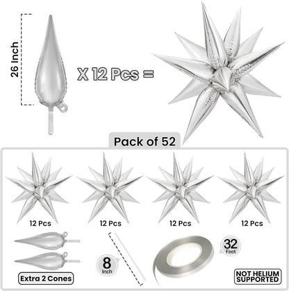 KatchOn, Silver Star Balloons Metallic - 26 Inch, 50 Pieces | Silver Star Foil Balloons, Silver Spike Balloons for Silver Themed Party Decorations | Silver Starburst Balloon, Star Explosion Balloon
