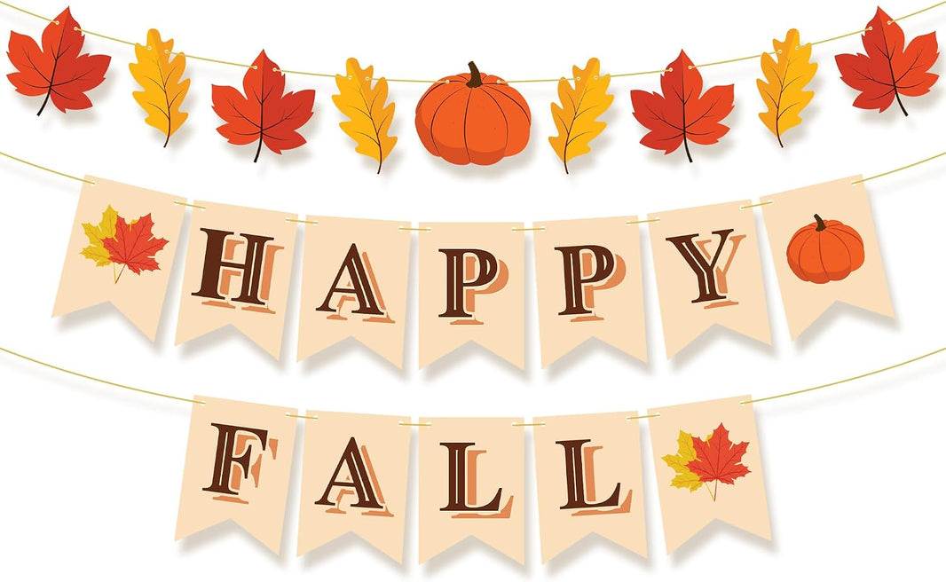Happy Fall Banner, 3 strings - No DIY Required | Happy Fall Banner with Maple Leaves and Pumpkin for Fall Decor, Fall Decorations for Mantle Fireplace, Thanksgiving Banner - KatchOn