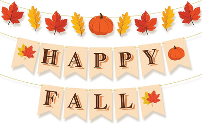 Happy Fall Banner, 3 strings - No DIY Required | Happy Fall Banner with Maple Leaves and Pumpkin for Fall Decor, Fall Decorations for Mantle Fireplace, Thanksgiving Banner - KatchOn