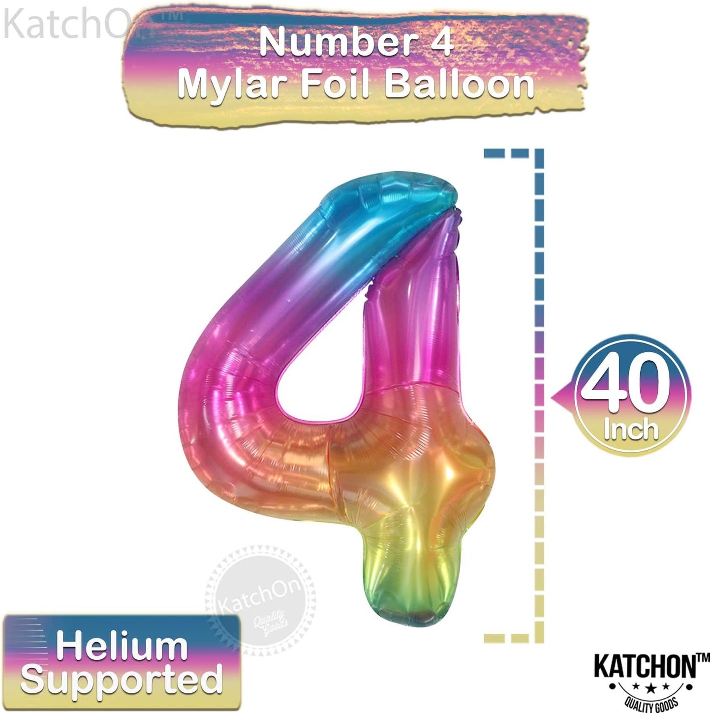 KatchOn, Giant Rainbow 4 Balloon Number - 40 Inch, Four Balloon | Number 4 Balloons for Birthdays | 4 Year Old Balloon for 4th Birthday Decorations Girl | 4th Birthday Balloons, 4 Year Old Birthdays