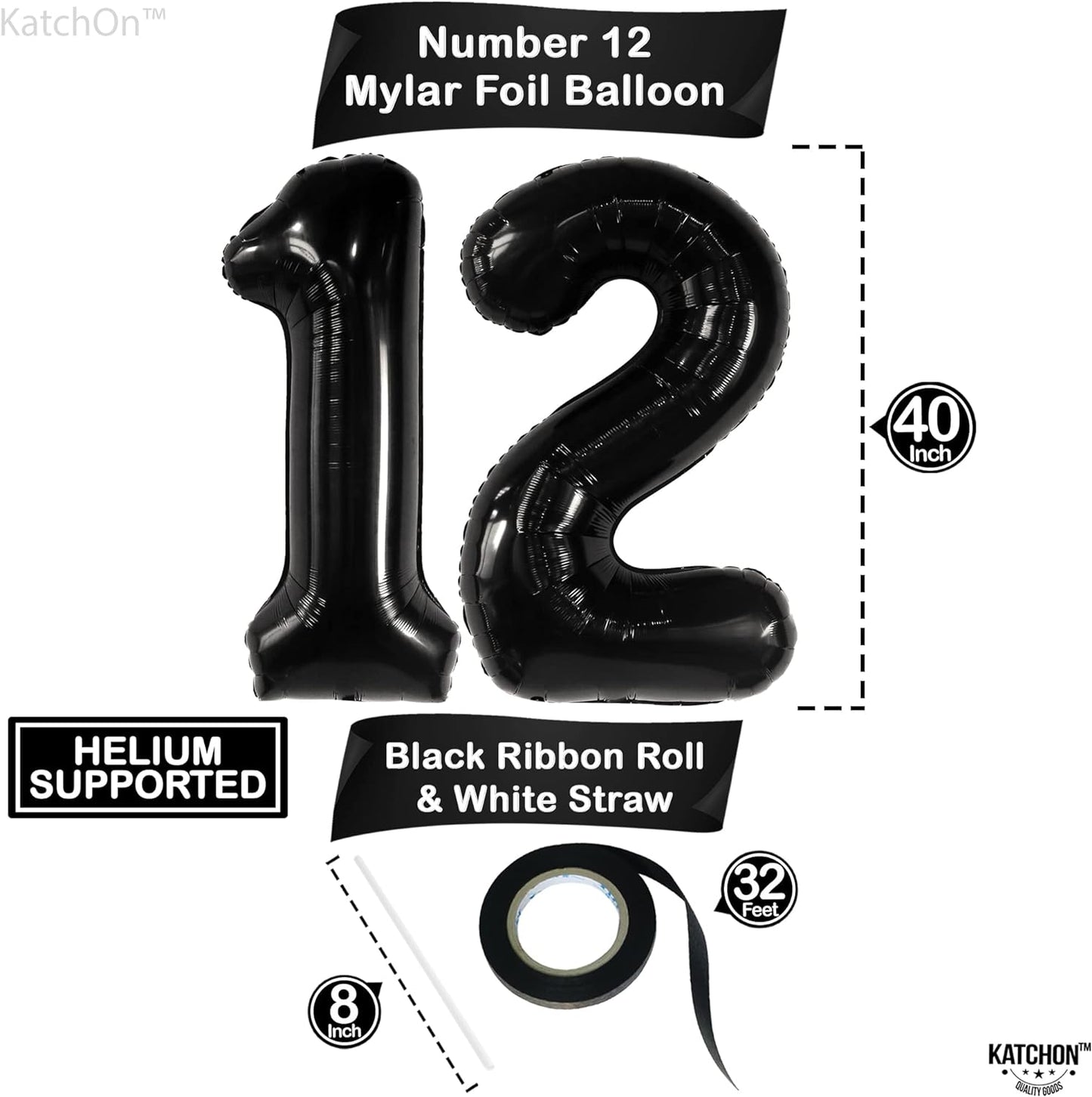 KatchOn, Giant Black 12 Balloon Number - 40 Inch | 12 Birthday Balloon, 12 Birthday Decorations Boy | Black Number 12 Balloon for Birthdays | Happy 12th Birthday Decorations Boy | 12th Birthday Party