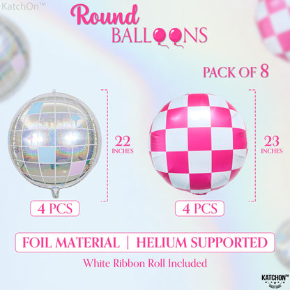 KatchOn, Pink White and Disco Ball Foil Balloons - 23 Inch, Pack of 8 | Galentines Balloons, Galentines Day Decorations | Pink and White Round Checkered Balloon, Cowgirl Birthday Party Decorations