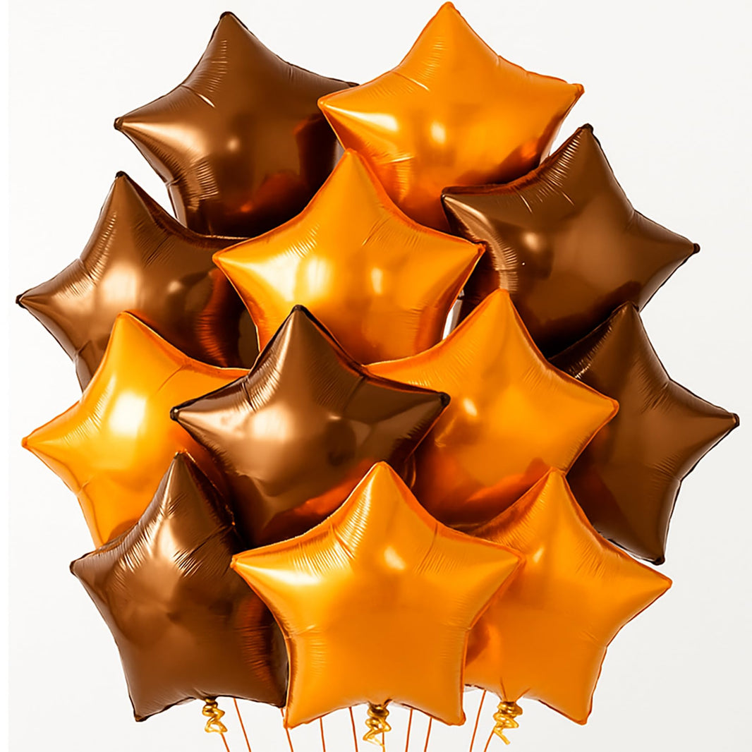 Katchon, Metallic Brown And Orange Star Foil Balloons 18 Inch - Pack of 12 | Brown and Orange Balloons for Friendsgiving Party Decorations, Thanksgiving Foil Balloons, Bachelorette Party, Baby Shower