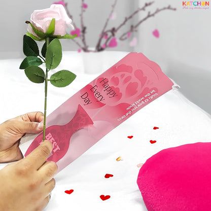 KatchOn Rose Flower Gifts – 13 Inches Artificial Pink Rose With Greeting Card |Birthday Gifts for Women |Unique gifts for Women,Girlfriend | Graduation Gifts For Her | Cute Anniversary Cards For Wife