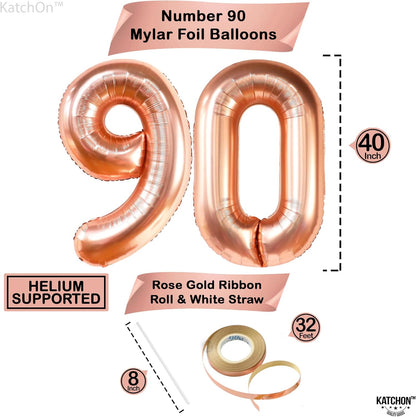 KatchOn, Rose Gold 90 Balloon Numbers - 40 Inch | Rose Gold 90th Birthday Balloons with Confetti for 90th Birthday Decorations for Women | 90 balloons for 90th Happy Anniversary Decorations