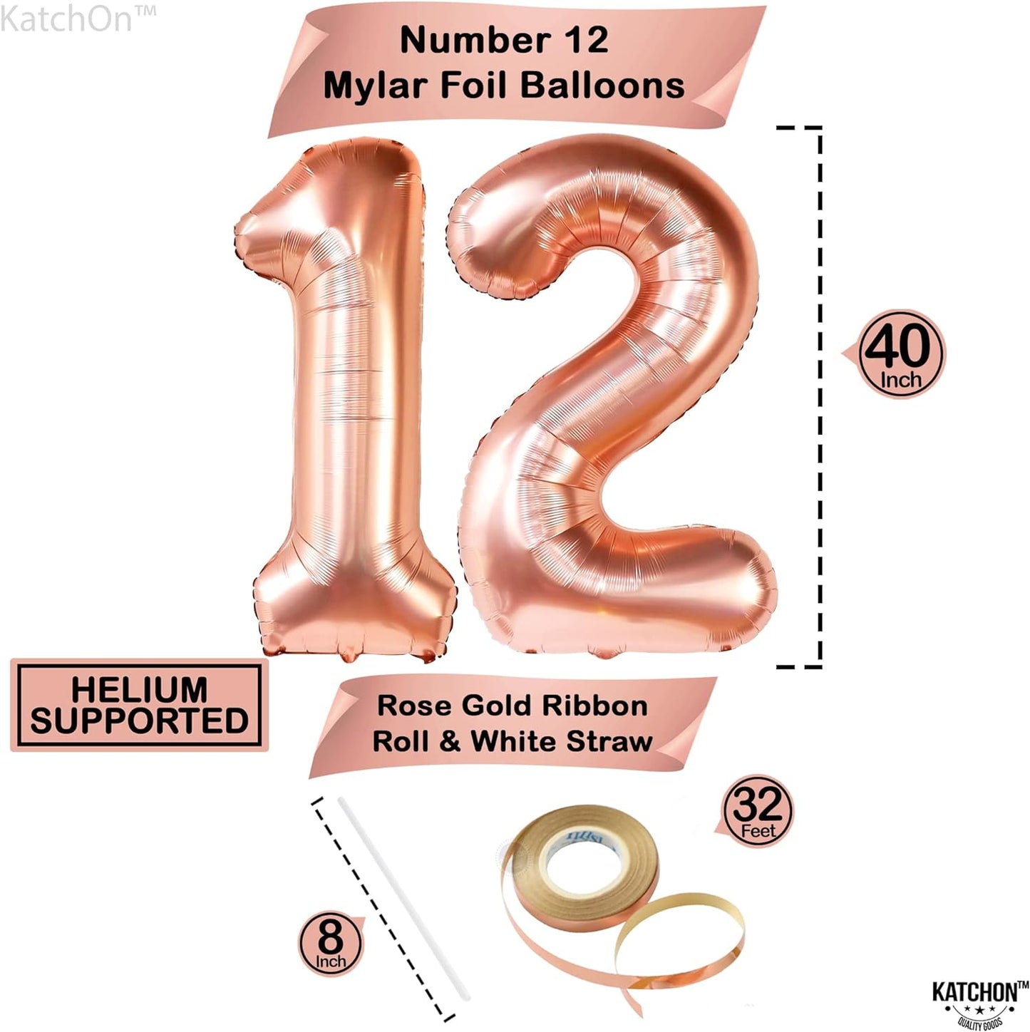 KatchOn, Rose Gold Number 12 Balloons - 40 Inch | 12th Birthday Decorations for Girls | 12th Birthday Balloons with Confetti Balloons | 12 Birthday Balloon for Girls | Number 12 Balloons for Birthdays