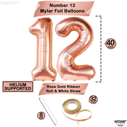 KatchOn, Rose Gold 12 Balloon Number - Huge 40 Inch | 12th Birthday Decorations for Girls | 12th Birthday Balloons, Confetti Balloons | 12 Birthday Balloon for Girls | Anniversary Decorations