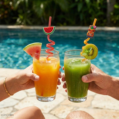 KatchOn Beach Theme Reusable Crazy Silly Straws, Pack of 24 | Summer Straws, Umbrella Straws, Pool Party Favors, Summer Beach Party Supplies, Hawaiian Birthday, Luau Party Decorations