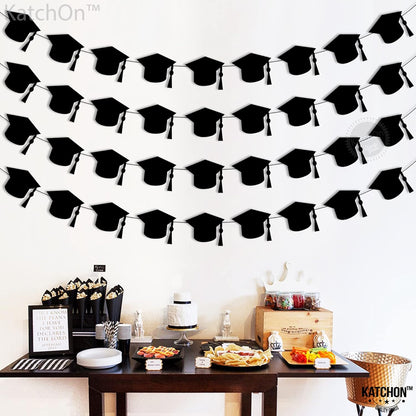 KatchOn, Felt Black Graduation Cap Garland - 4 String | Grad Garland Class of 2026, Grad Decor Class of 2026 | Black 2026 Grad Party Decorations, Graduation Decorations 2026